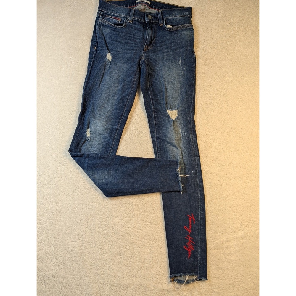 Tommy‎ Hilfiger Denim Skinny Distressed Jeans Red Script Logo Raw Hem Size 0